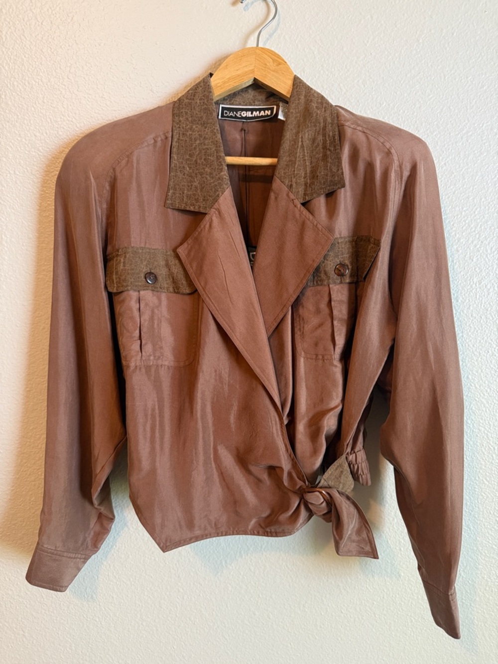 Vintage 100% Silk Tie Front Blouse Brown Shoulder Pads Diane Gilman Small NWT